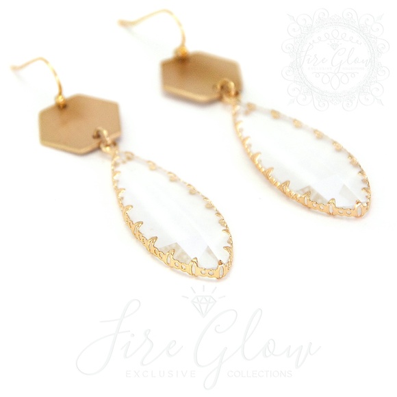 Clear Teardrop Gem Brushed Gold Tone Hex Earrings - Picture 4 of 10
